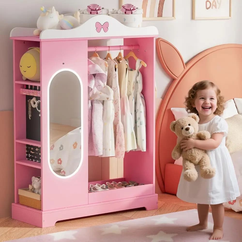 Armadio per bambini con Cassettiera, Organizer of Costumes for Girls with shelves and mirror, Guardaroba per bambini con