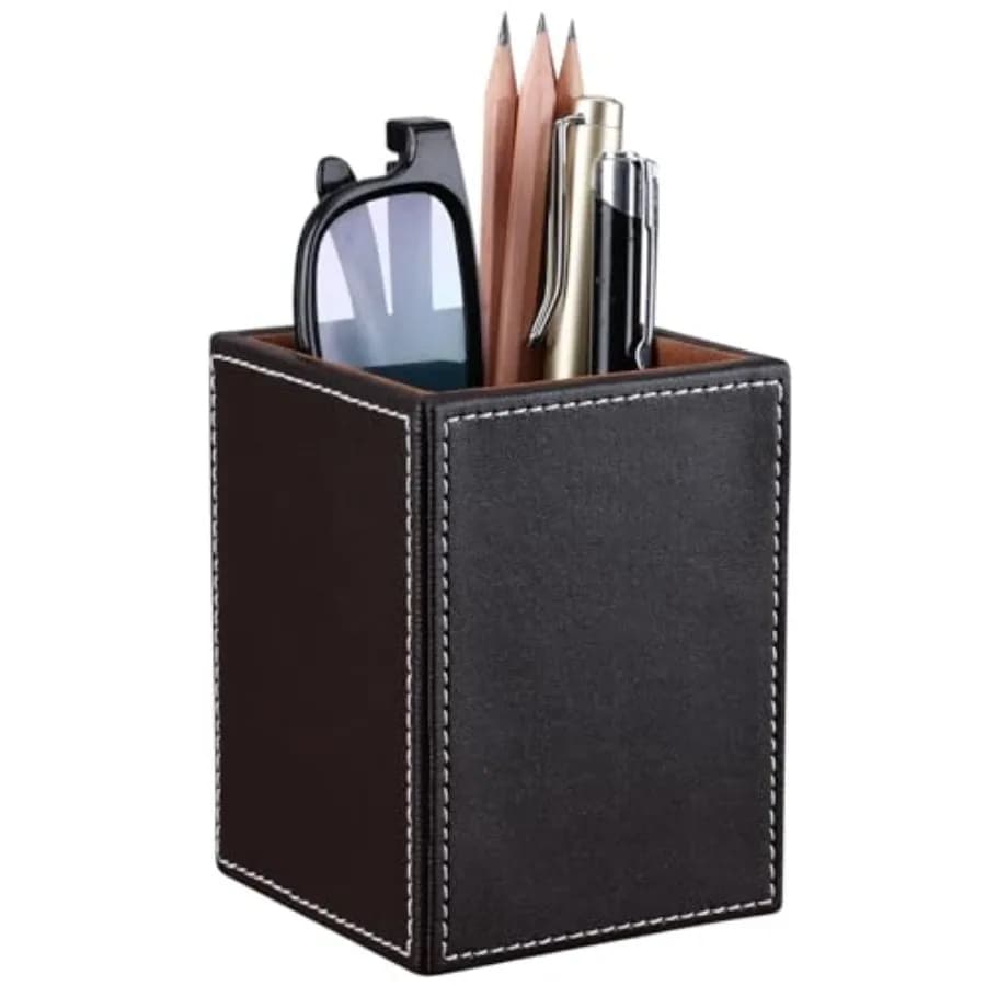 PU Leather Square Pens Pencils Holder Cup Desktop Stationery Organizer Case Office Accessories Container Box