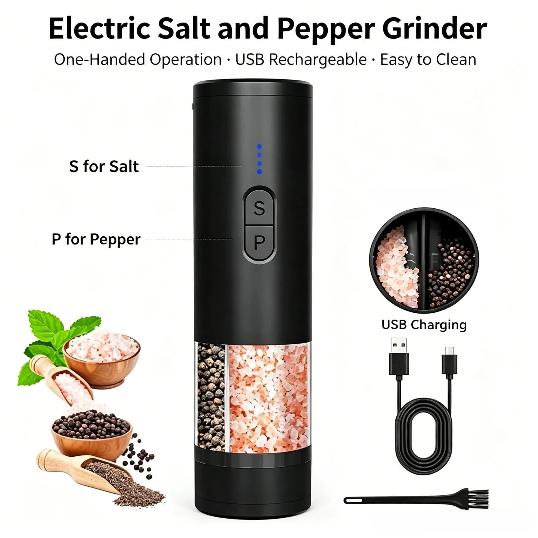 Rechargeable Pepper Grinder, LED Light, Adjustable Coarseness, Designed for One-Handed Cooking, Suitable for Home and Kitchen