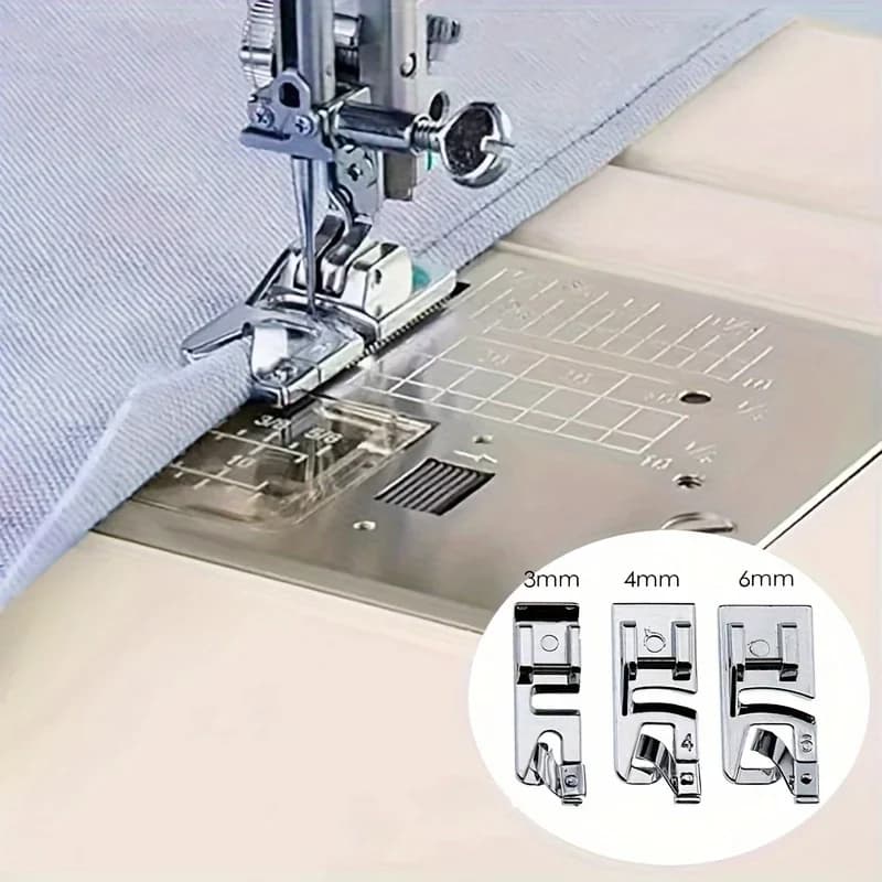 Edge-sealing presser foot kit, a presser foot assembly used for sewing edge-sealing presser feet.