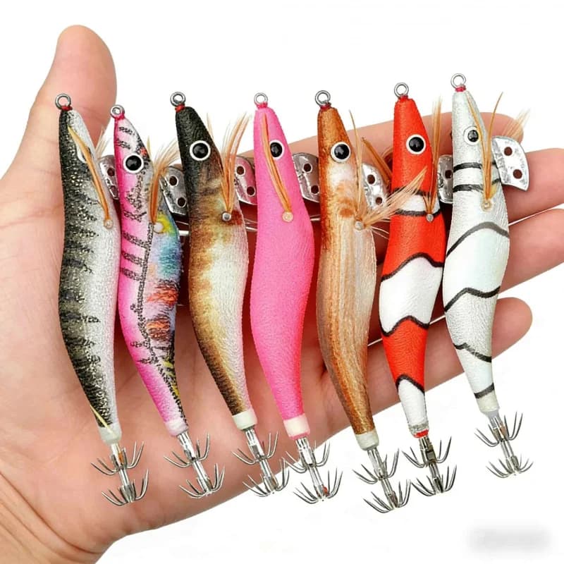 Esca Luminosa Colorata in Legno a Forma di Gambero, Design Bionico a Calamaro 2.0 2.5 3.0, con Amo a Ombrello per Lanci Lunghi per la Pesca in Mare