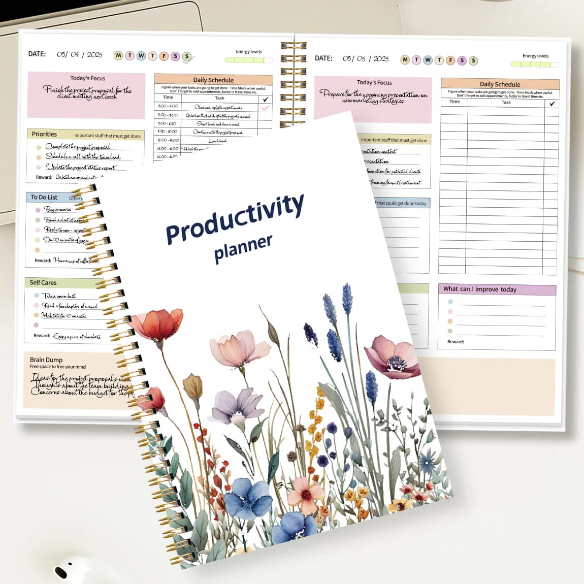 Pianificatore di produttività B5, organizer giornaliero e settimanale con priorità, elenco delle cose da fare, pianificazione, diario di copertina floreale per la gestione del tempo