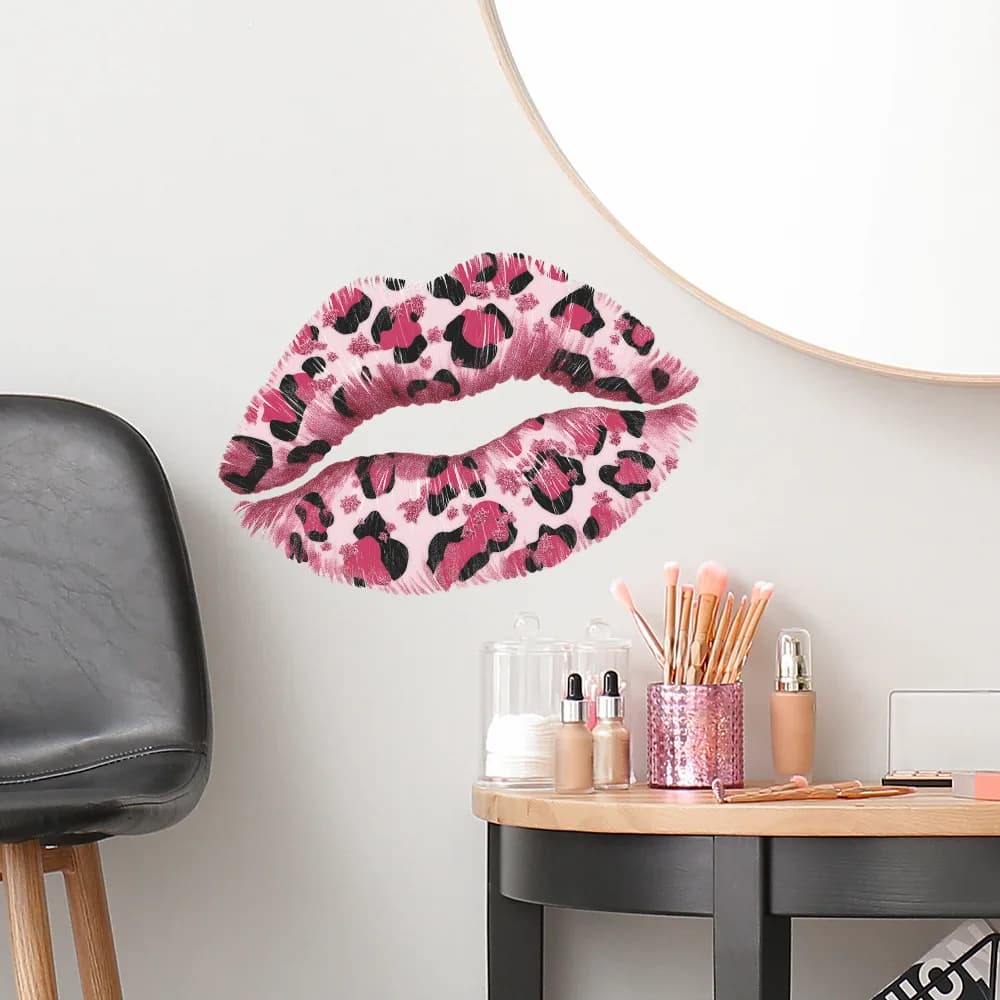 Adesivo Murale a Forma di Labbra con Stampa Leopardata Rosa, Decorazione Rimovibile a Forma di Bacio, Adesivo in Vinile per Camera da Letto e Stanza Trucco