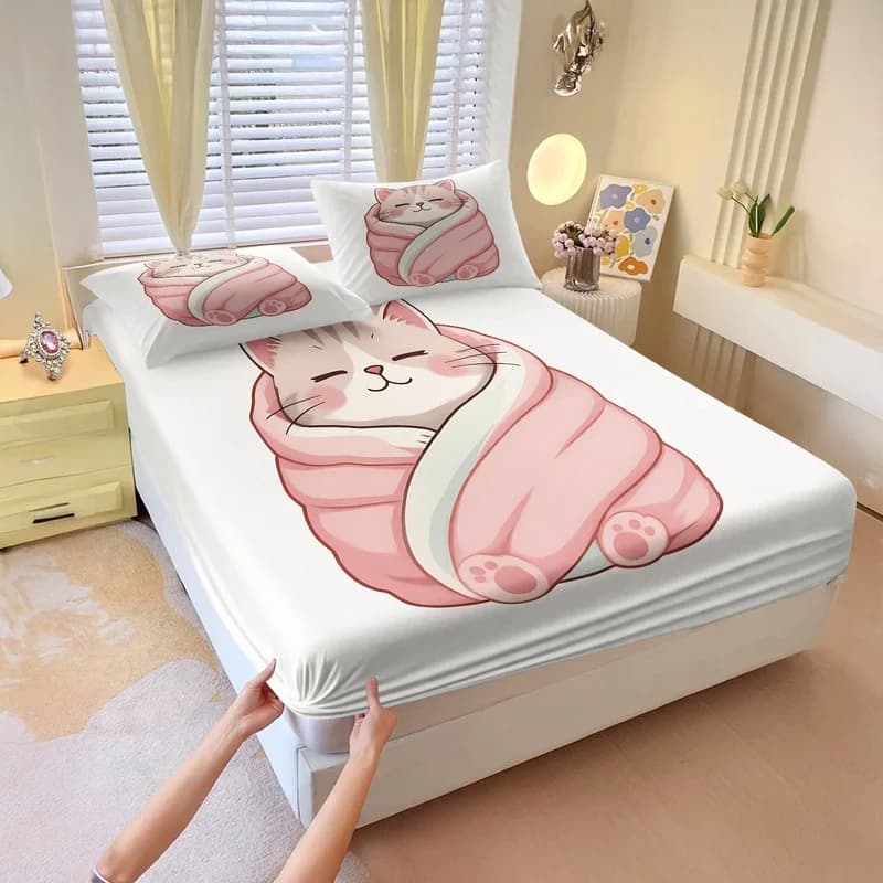 Cute Cat Print Fitted Sheet Set Cozy Sleepy Cat Wrapped In Blanket Bed Sheet Set Elastic Deep Pocket Bed Linen Kawaii Decor Gift