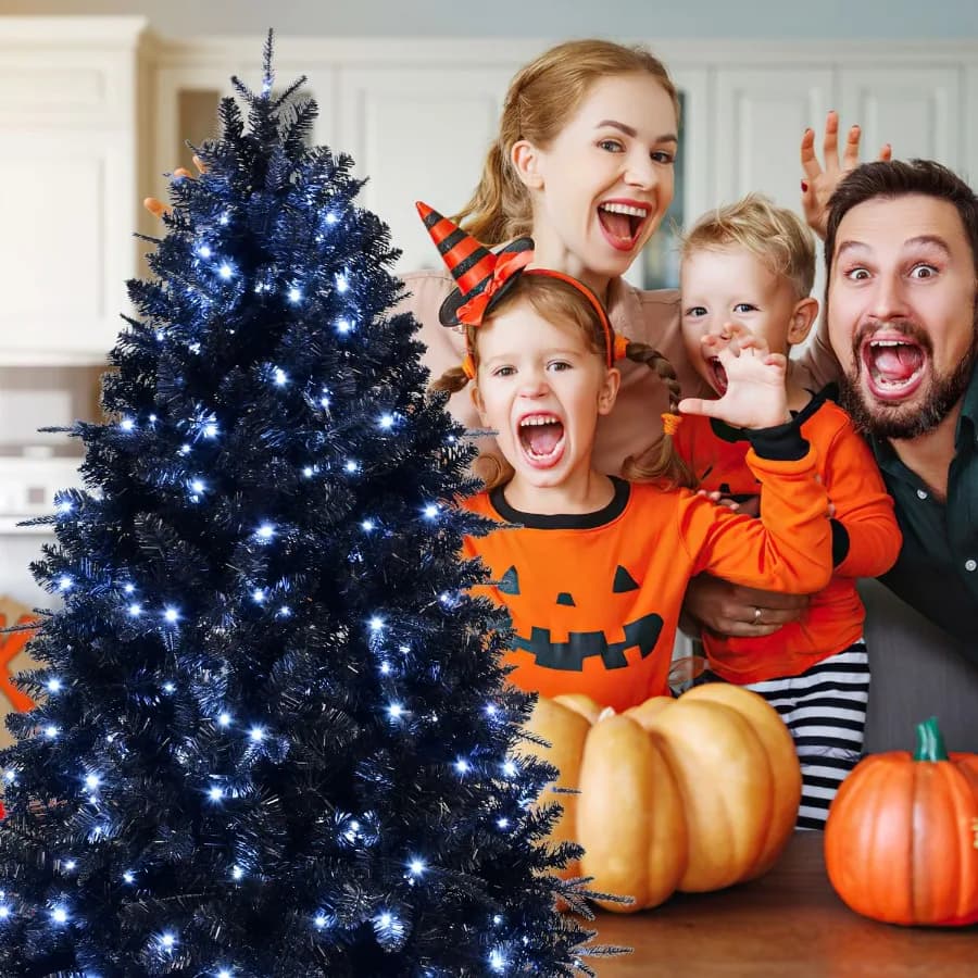 Albero di Natale Artificiale Nero da 180 cm con Luci LED, 1460 Rami Misti in PE/PVC, Base Pieghevole Premium con Cerniere per Interni
