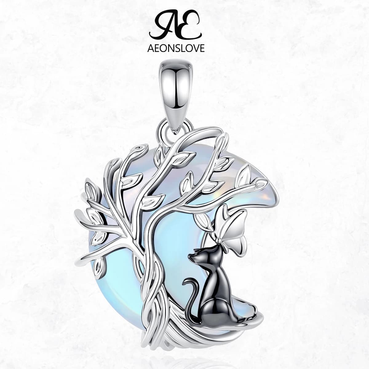 AEONSLOVE Tree of Life Moonstone Necklace Black Cat Butterfly Healing Crystal Crescent Moon Pendant Witch Jewelry Gift for Women