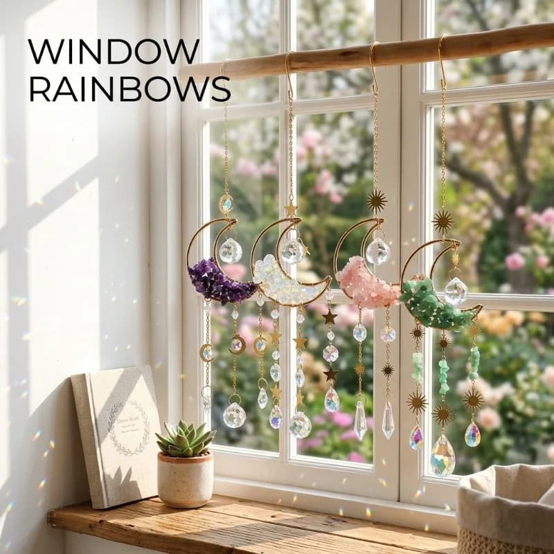 Acchiappasole Acchiappasogni con Sfera a Prisma di Cristallo e Luna, Campanelli a Vento Arcobaleno per Finestra Interna, Auto e Decorazione da Giardino, Regalo