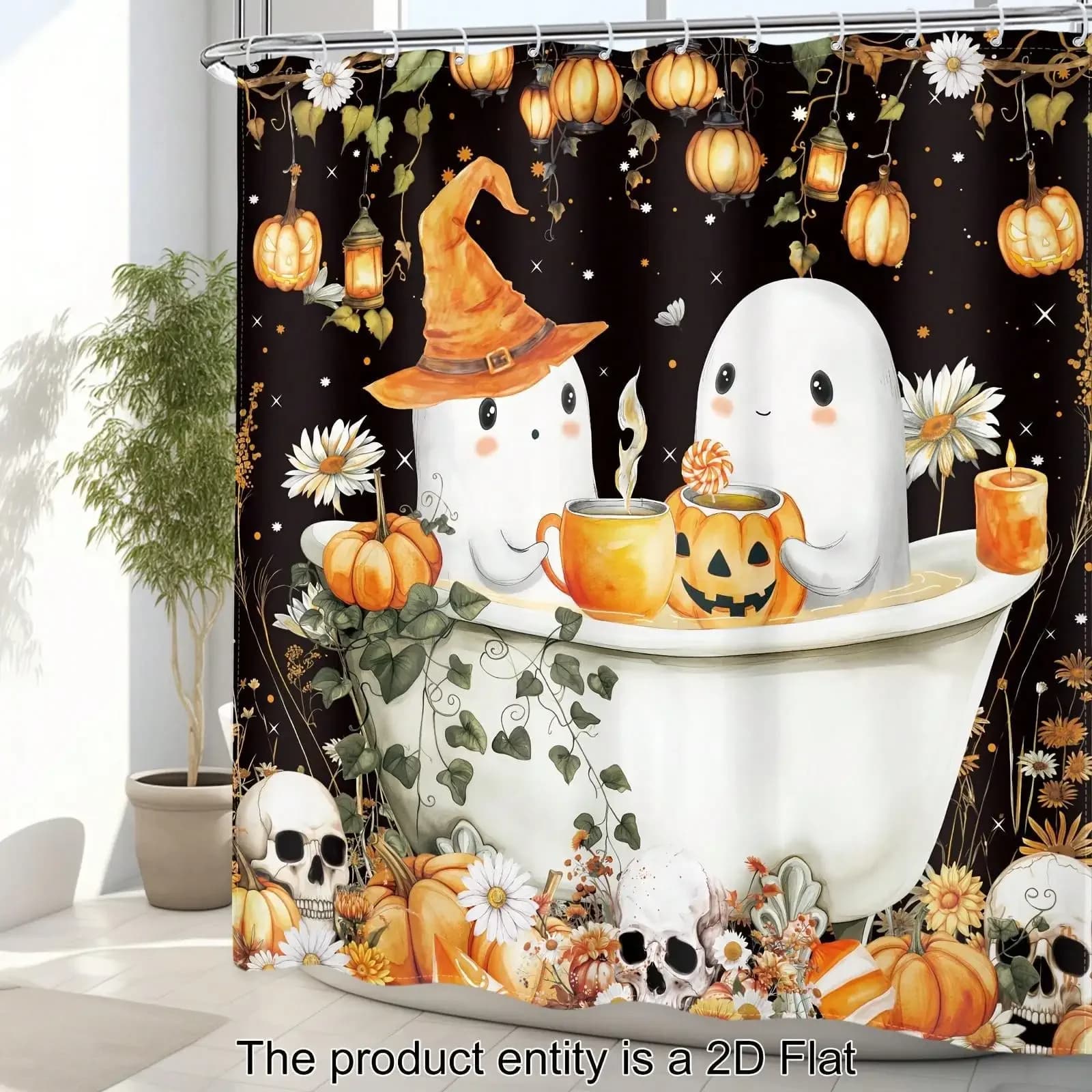 2D Flat, 4pcs - 2D Flat Funny Halloween Shower Curtain Set, Cute Ghost in Bathtub Spooky Skull Pumpkin Lantern Scary Floral Plant Bathroom Set of 12 Hooks, Non-Slip Bathroom, Toilet U-Shaped, Toilet, Bath Decoration And Additions