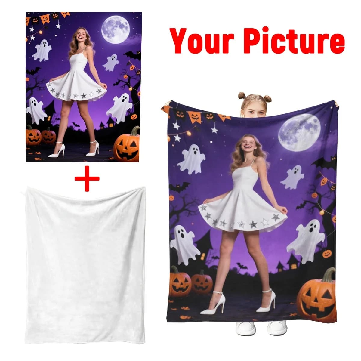 Custom Photo Fleece Blanket - DIY Halloween Prints | Jack-O'-Lanterns/Pumpkin Light | Soft Warm | Sofa/Bed | Trick-Or-Treat Gift