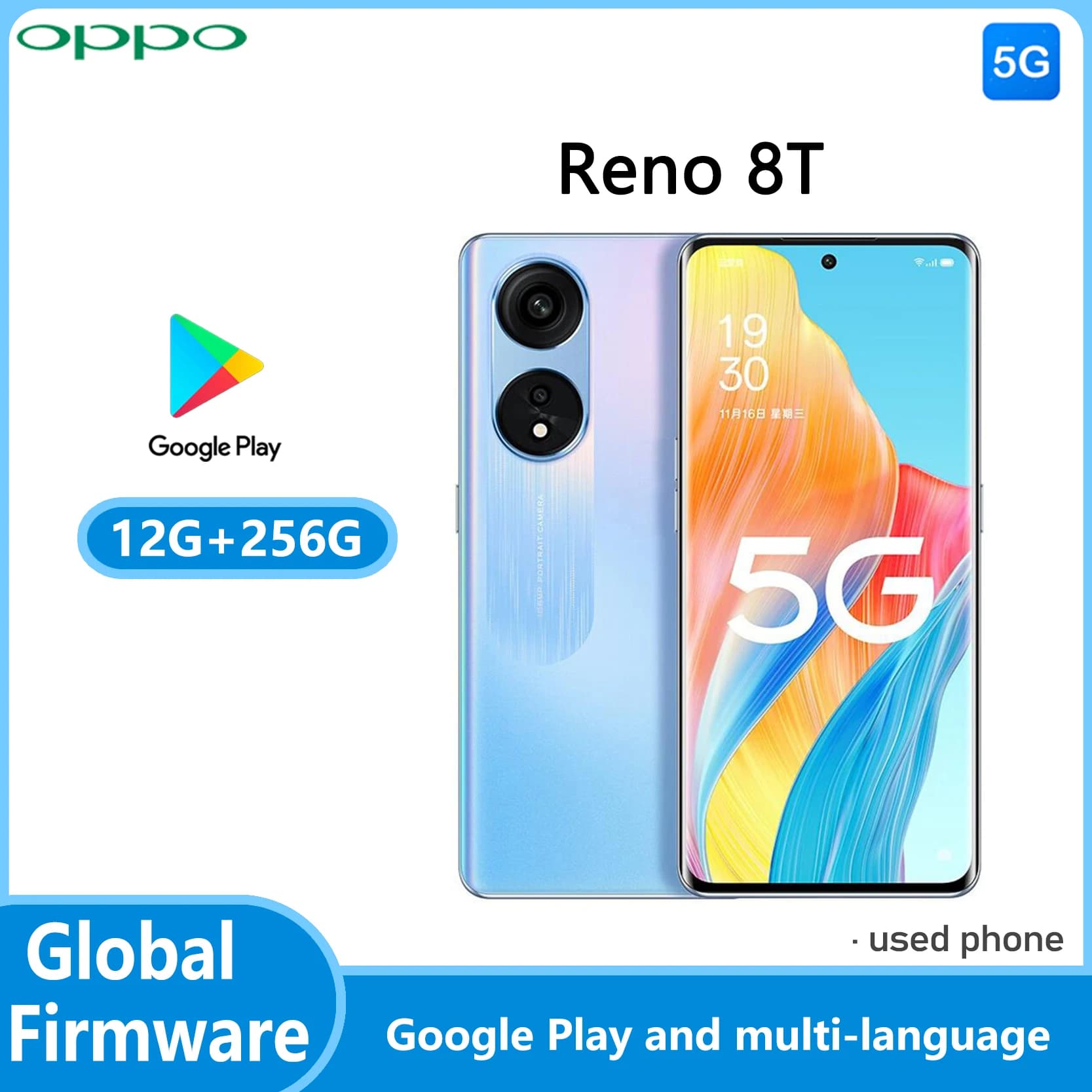 Smartphone OPPO Reno 8T 5G con firmware globale, fotocamera da 108MP, ColorOS 13, Snapdragon 695, RAM 12GB, ROM 256GB, batteria da 4800mAh, telefono usato T 8.