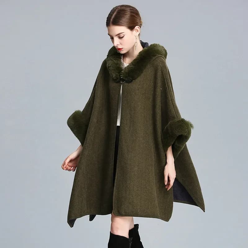 10 colori moda invernale poncho allentato Outstreet cardigan lungo cappotto mantello caldo donna grandi mantelle a pendolo con cappello in pelliccia di coniglio finto