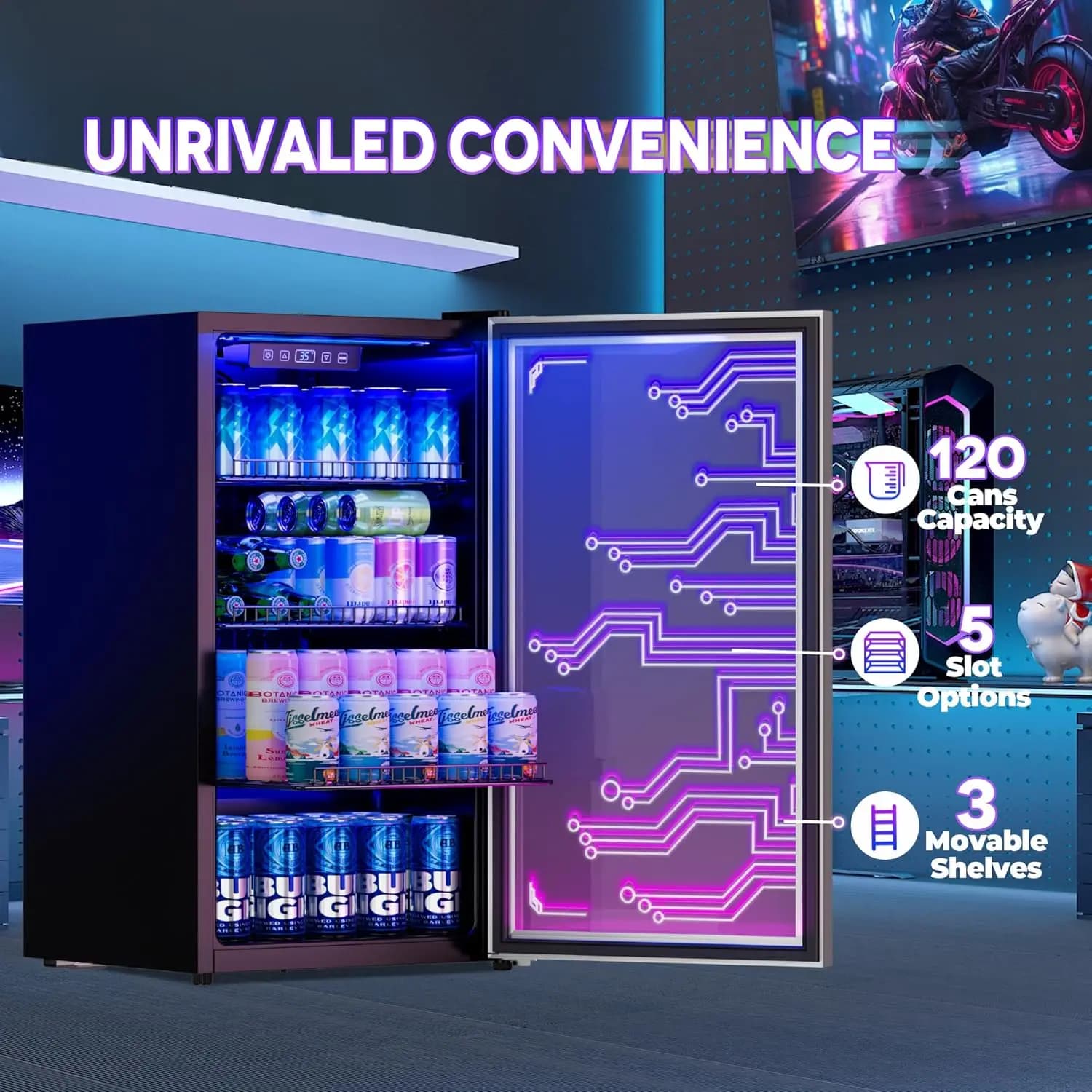 LED Lighting Freestanding Beverage Refrigerator Cooler 120 Cans Capacity Gaming Room Bar Party Custom