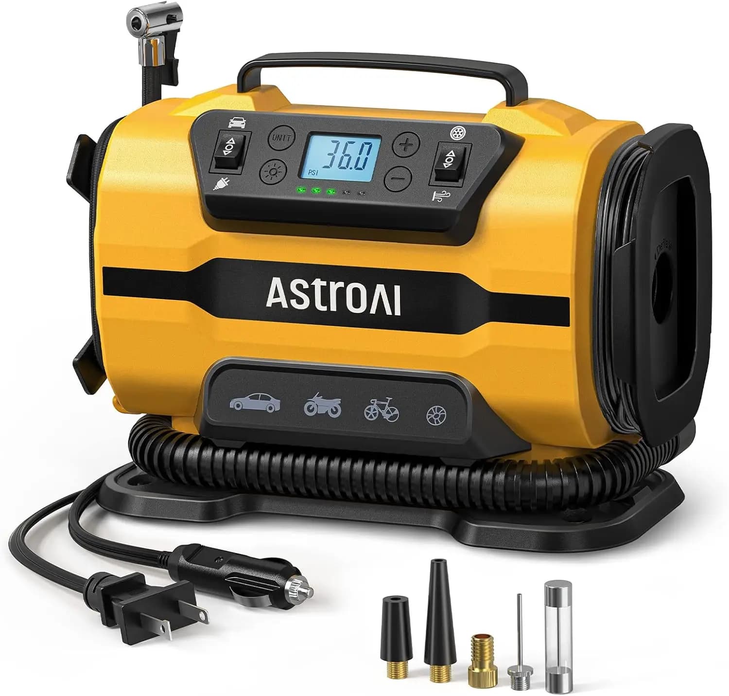 Compressore d'aria portatile per gonfiaggio pneumatici a doppio motore LED 150 PSI per auto e camion 12V/120V Strumento di lavaggio e manutenzione auto