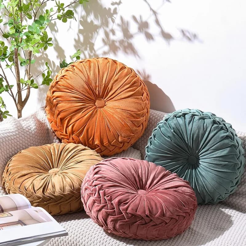 Cuscino da tiro a forma di zucca Cuscino rotondo a forma di zucca 3D pieghettato Cuscino da pavimento Boho Divano per divano per auto a casa Sedia da letto Decorazioni