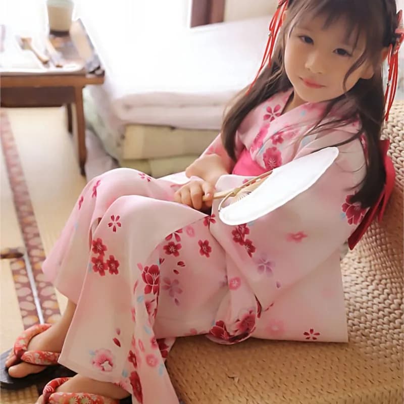 Japanese-style printed children's vibratory sleeves with long bathrobe belt for children Kimono rosa YukataZE493