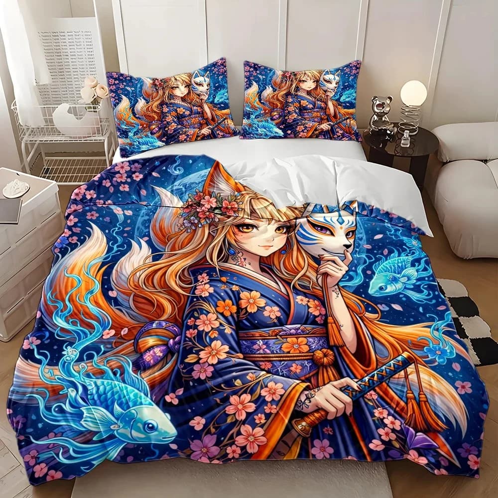 3Pc Japanese-Style Ukiyo-E Nine-Tailed Fox and Cherry Blossom Duvet Cover Set, 1*Duvet Cover + 2*Pillowcases, Three-Piece Bedding Set, Suitable for All Seasons, Machine Washable, Invisible Zipper, Large Double Bed Cover, Suitable for Home, Dormitory, Master Bedroom, Guest Room, Anime-Style Fox Girl Floral Koi Pattern Bedding Set, Cross-Border Bestseller Bedroom Bedding Set