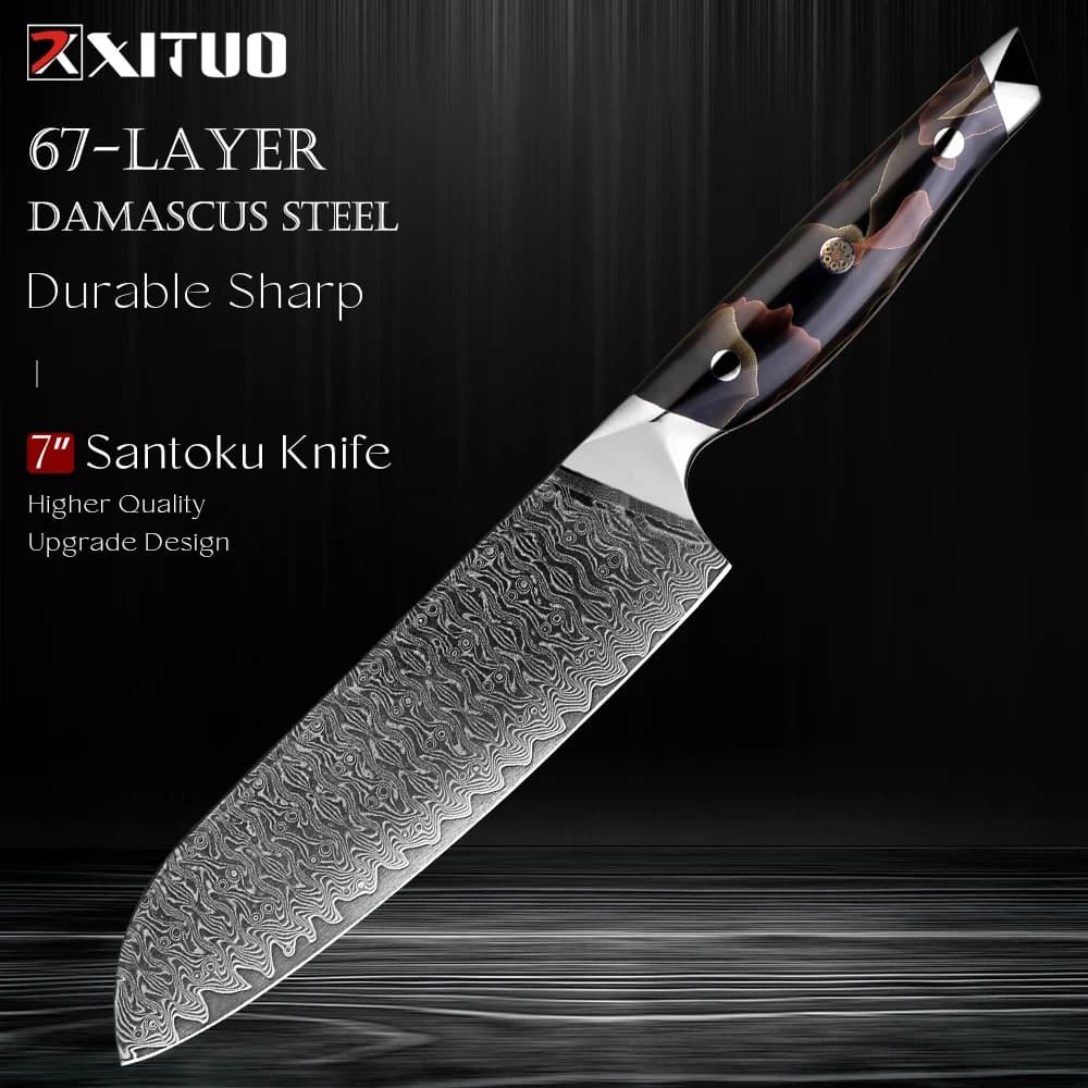 Coltello Santoku Professionale da 7 Pollici, Coltello da Chef Giapponese in Acciaio Damascato, Affilato per Affettare, Manico in Resina Rame-Platino