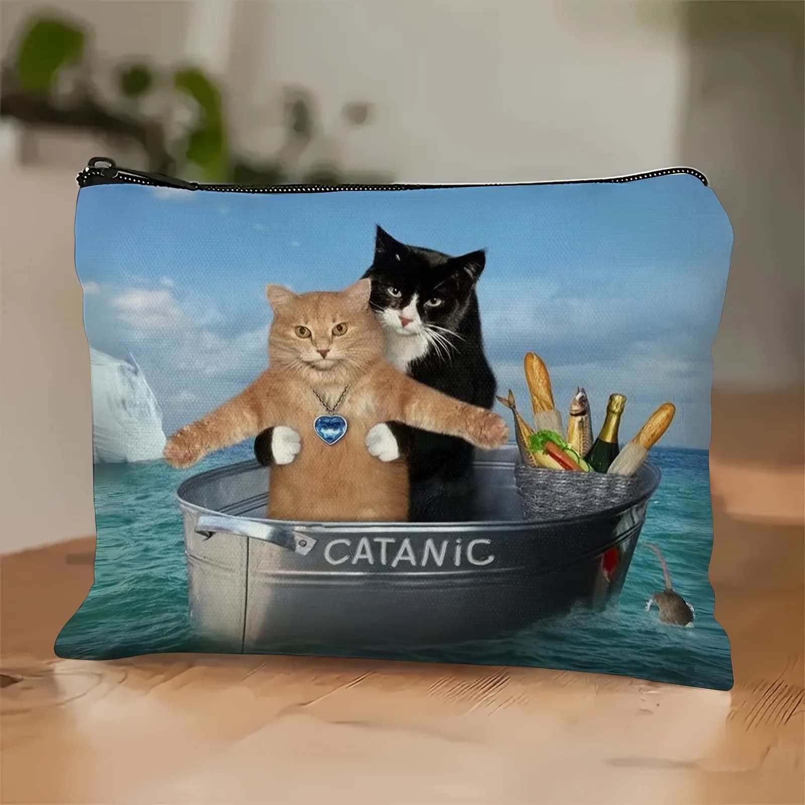 Una divertente borsa per il trucco con motivo doppio gatto: custodia multifunzionale con cerniera da donna, borsa per riporre gioielli,