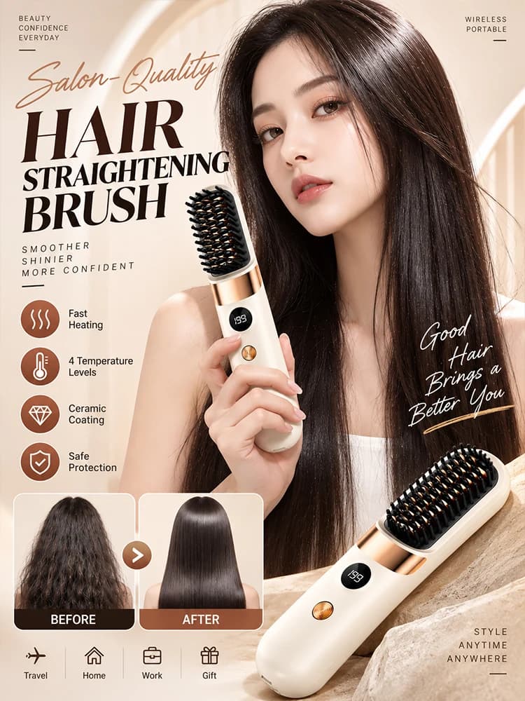 Hair Straightening Brush Electric Rechargeable Heated Comb Ceramic Coating Portable Hair Styling Tool with Digital Display.