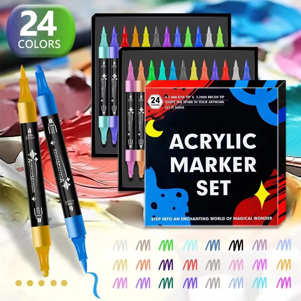 12/24pcs Acrylic Paint Markers Double Headed Brush Tip Round Art Marker Pens For Rock Painting Festival Gift DIY Stationery Gift