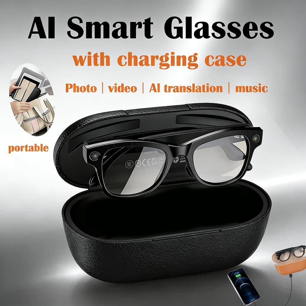 New Smart Glasses AI 2026 with Camera 4K 800W, ChatGPT, Photos and Videos, Charging Case 3600mAh, Power Bank, 32GB, Translation, Music and Function Sunglasses