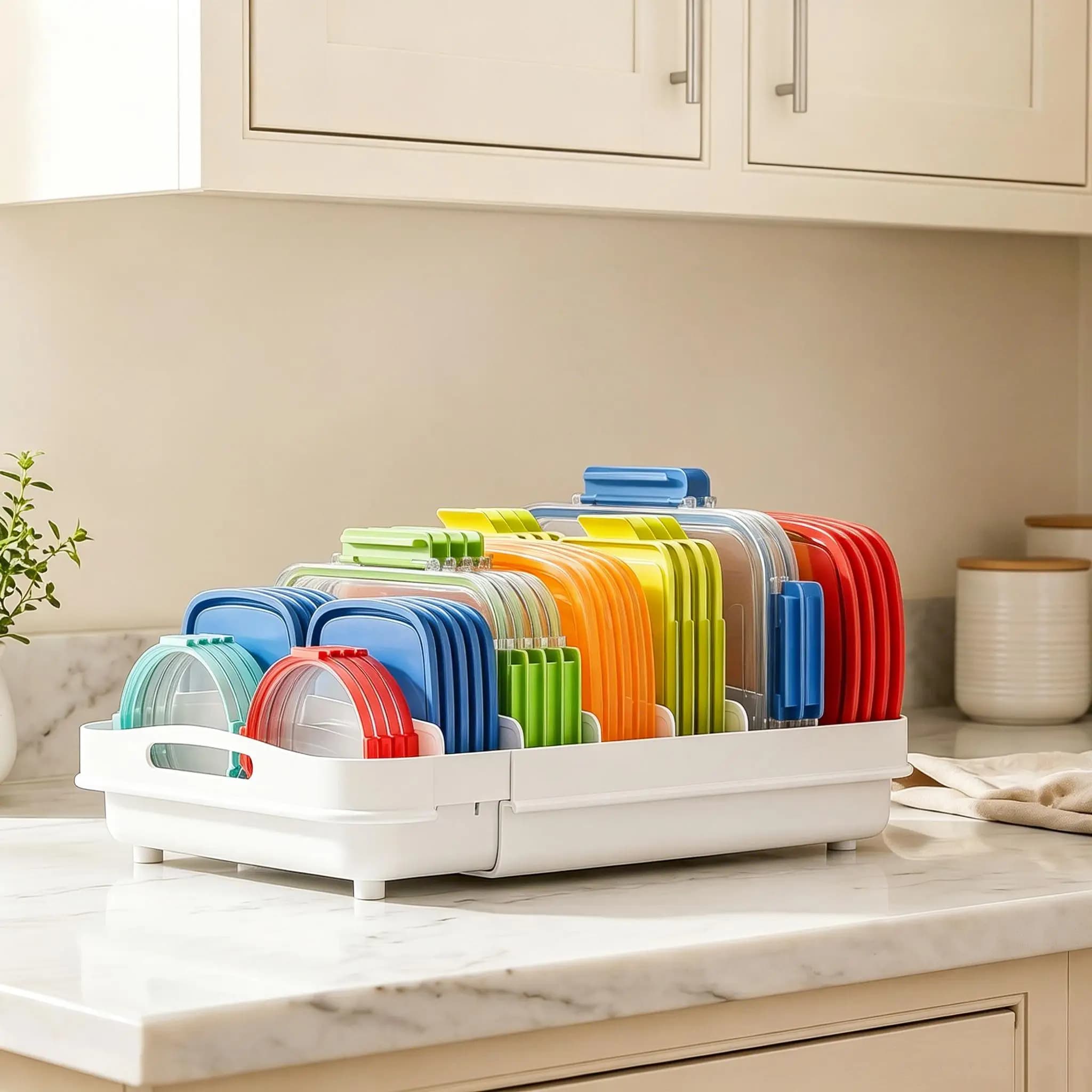 Expandable Kitchen Cabinet Storage Rack Adjustable Pantry Organizer Shelf with 8 Removable Dividers Tool-Free White Pot Pan Lid Holder Space Saving Drawer Organization for Small Kitchens