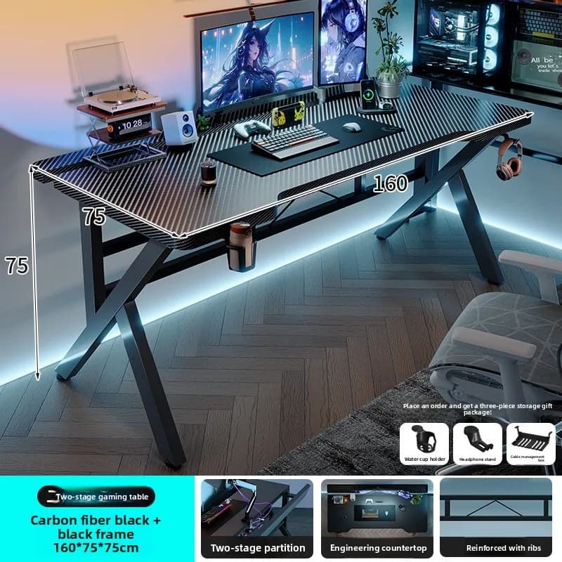 Scrivania da Gaming con Piano Diviso in Due Parti, Supporto per Monitor Montabile a Casa, Scrivania per Computer in Legno Massello con Texture in Fibra di Carbonio