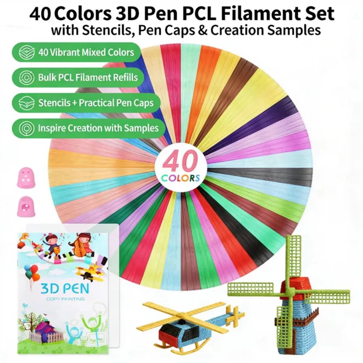 40 Colors 3D Pen Filament 1.75mm PLA High Temperature/PCL Low Temperature Each Color 5m Total 200m 3D Pen Filament Refills