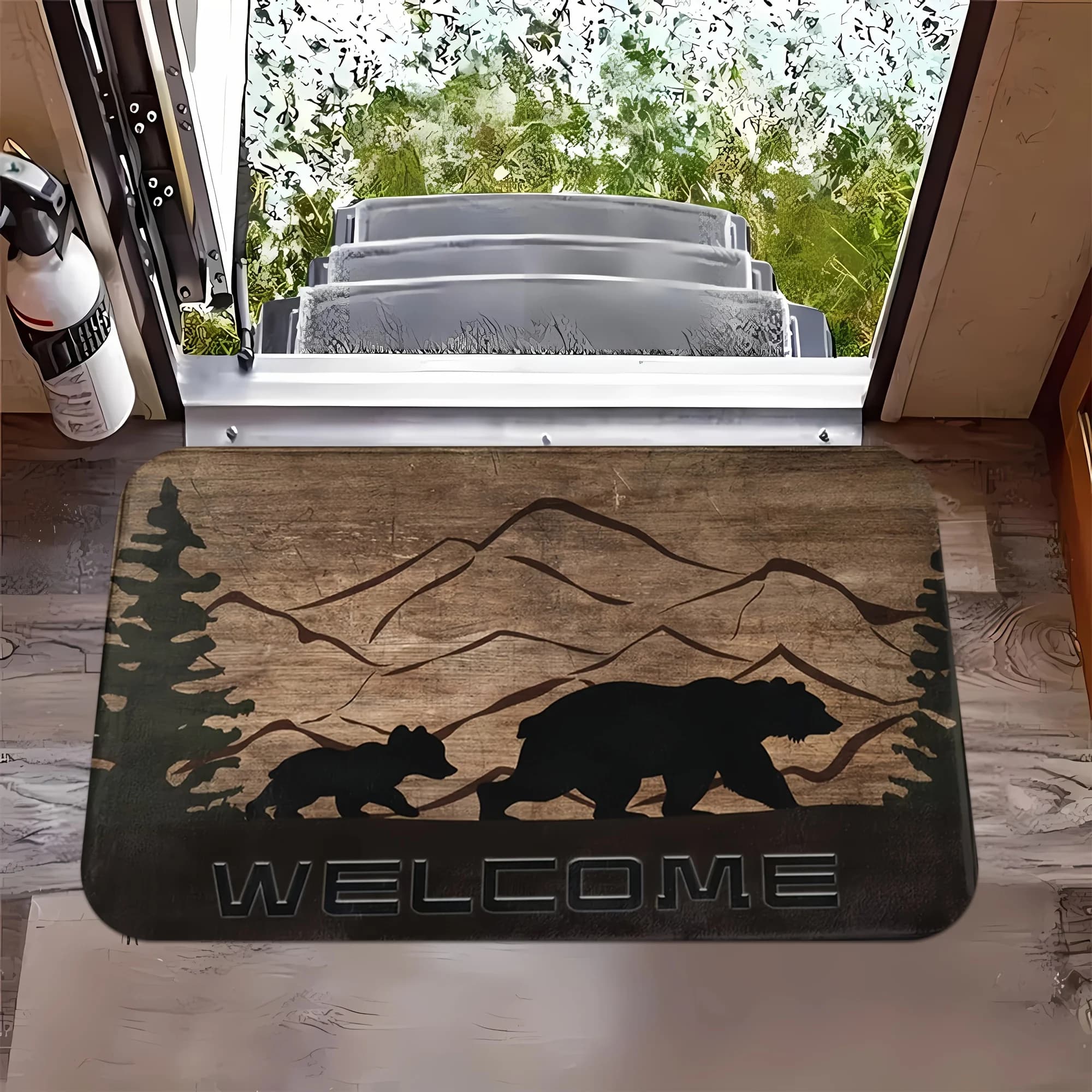 1 pezzo - Zerbino con motivo Welcome Bear Cottage - Lavabile in lavatrice - Per soggiorno, camera da letto, ufficio