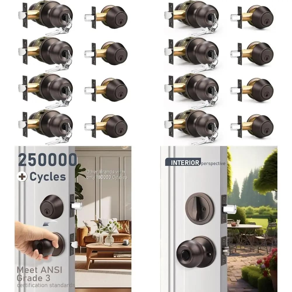 Set di 4 serrature per porta d'ingresso in bronzo anticato con cilindro singolo e chiave abbinata, maniglia rotonda anteriore e set di serrature a cilindro