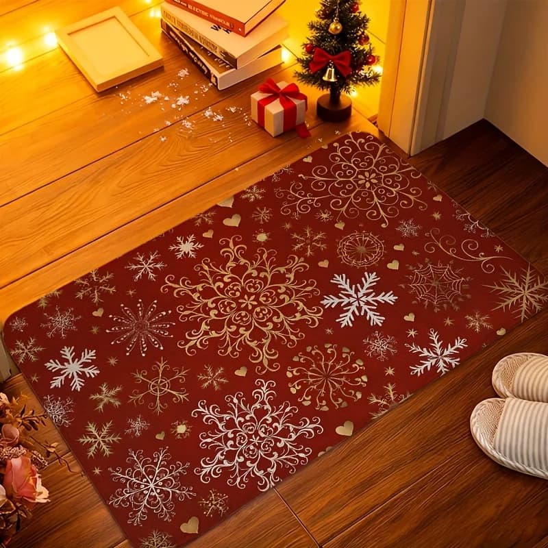Red Gold Snowflake patterns welcome rug entryway bedroom living room Entry Door Mat home decor Christmas Present
