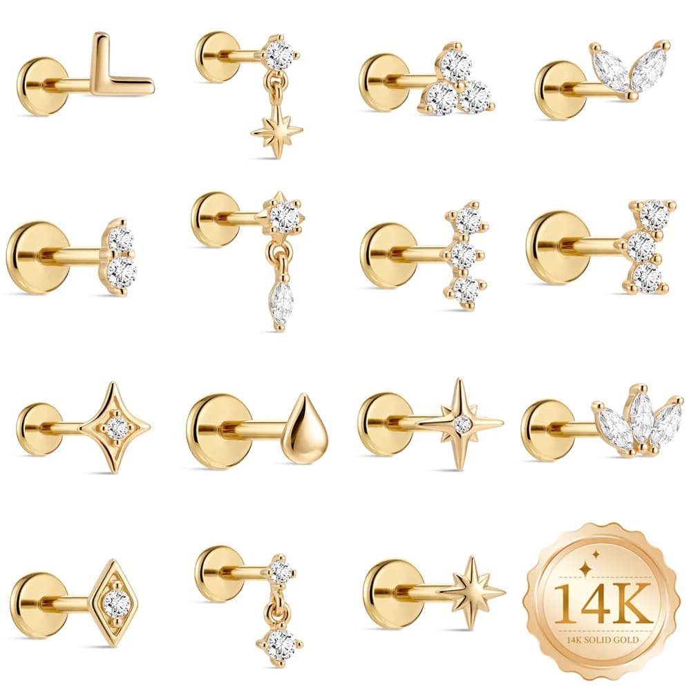 AIDE 14K Solid Gold Glossy Star/WaterDrop Pendant Piercing Earrings For Women Dainty Luxury Ear Bone Earring Anniversary Gifts