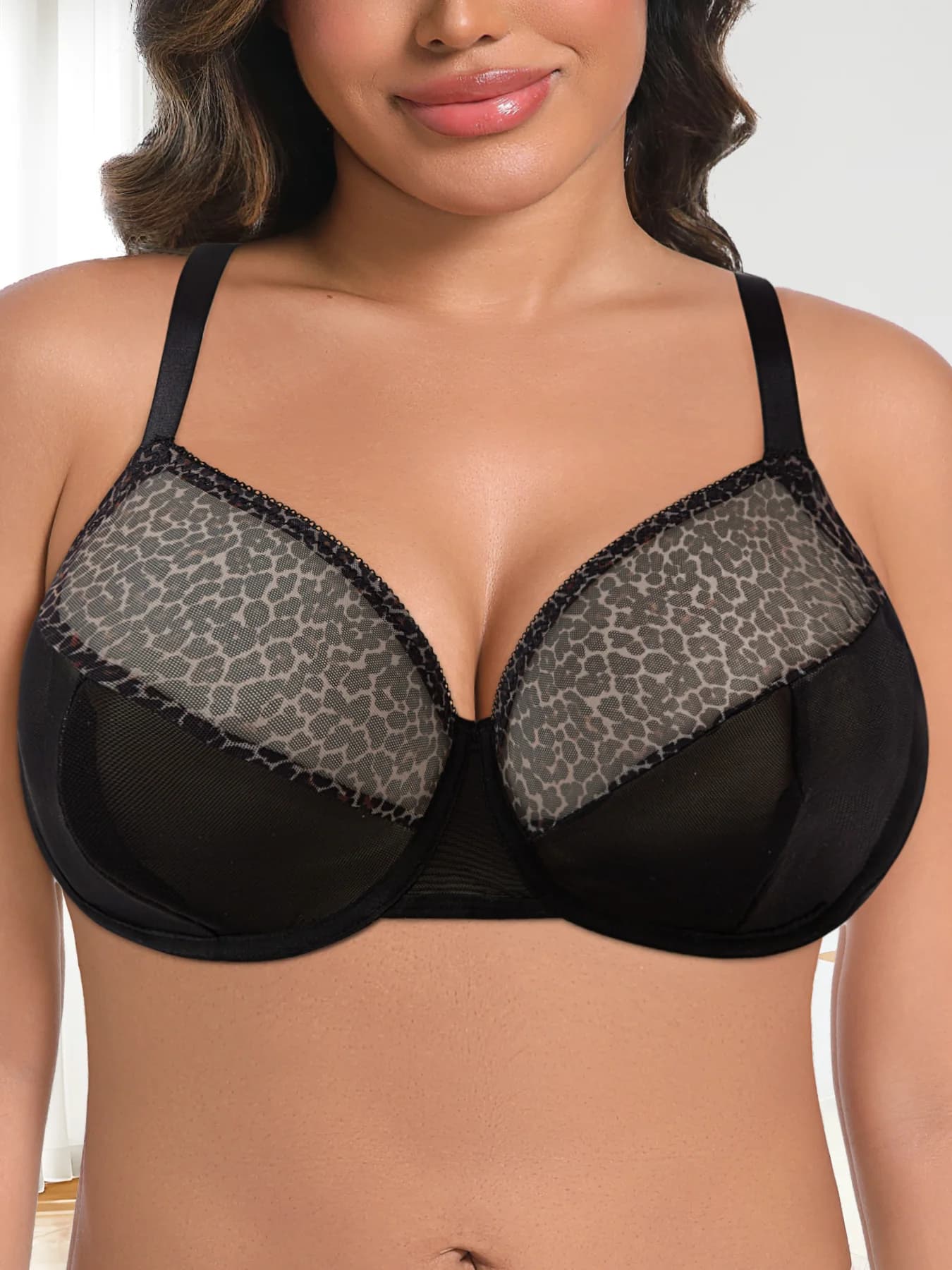 Bra with Ferretto in Pizzo Semi-Transparent with Leopard Print and Black Details, Plus Sizes, Sexy and Elegant, Comfortable Push-Up Without Padded for Women - 8111