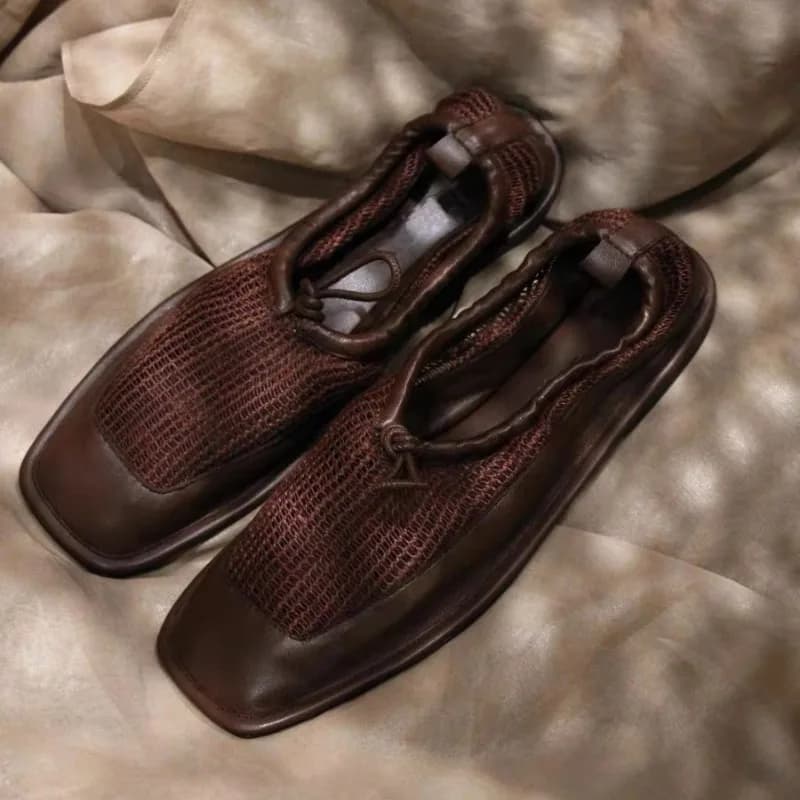 Women Square Toe Mesh Splicing Flat Sandals Soft Leather Simple Comfort Lace Up Slip on Daily Casual Footwear Sandalias Mujer