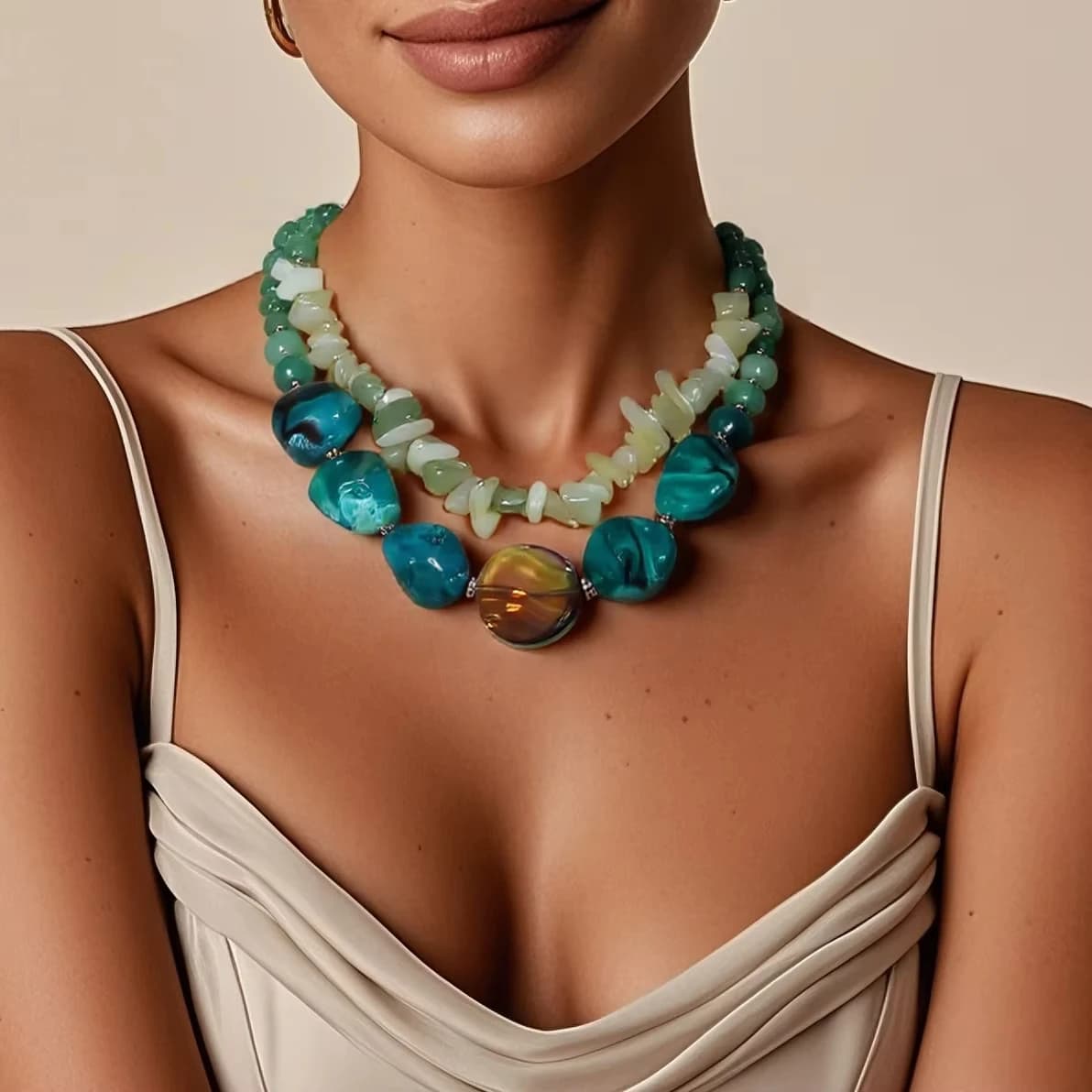 Double Layer Irregular Green Smudging Acrylic Chokers Necklaces for Women Hyperbole Vintage Beads Neck Chains Banquet Jewelry D1