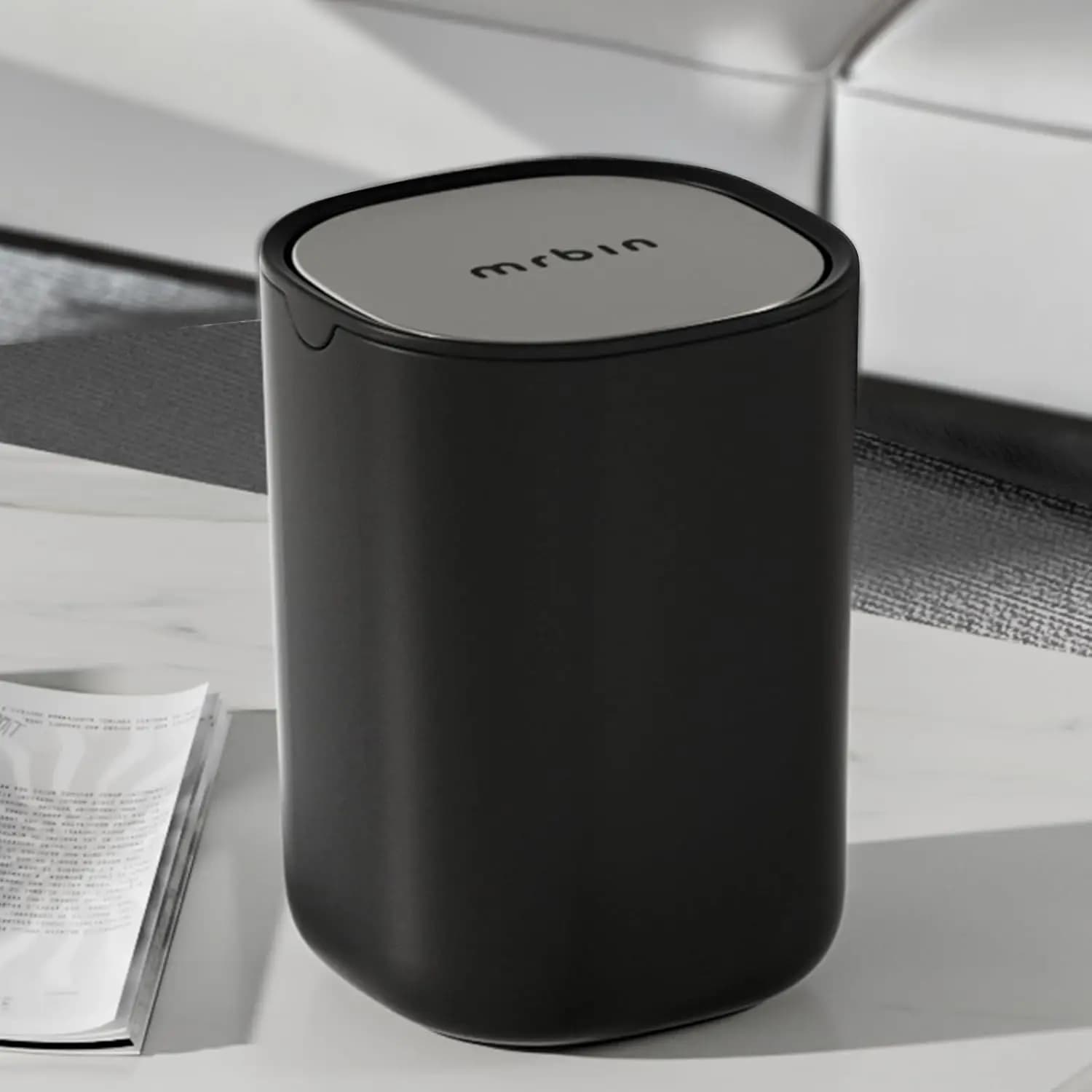Mini Car Trash Can 0.4 Gallon Desk Waste Basket with Stainless Steel Lid for Bedroom Office Vanity Countertop Black