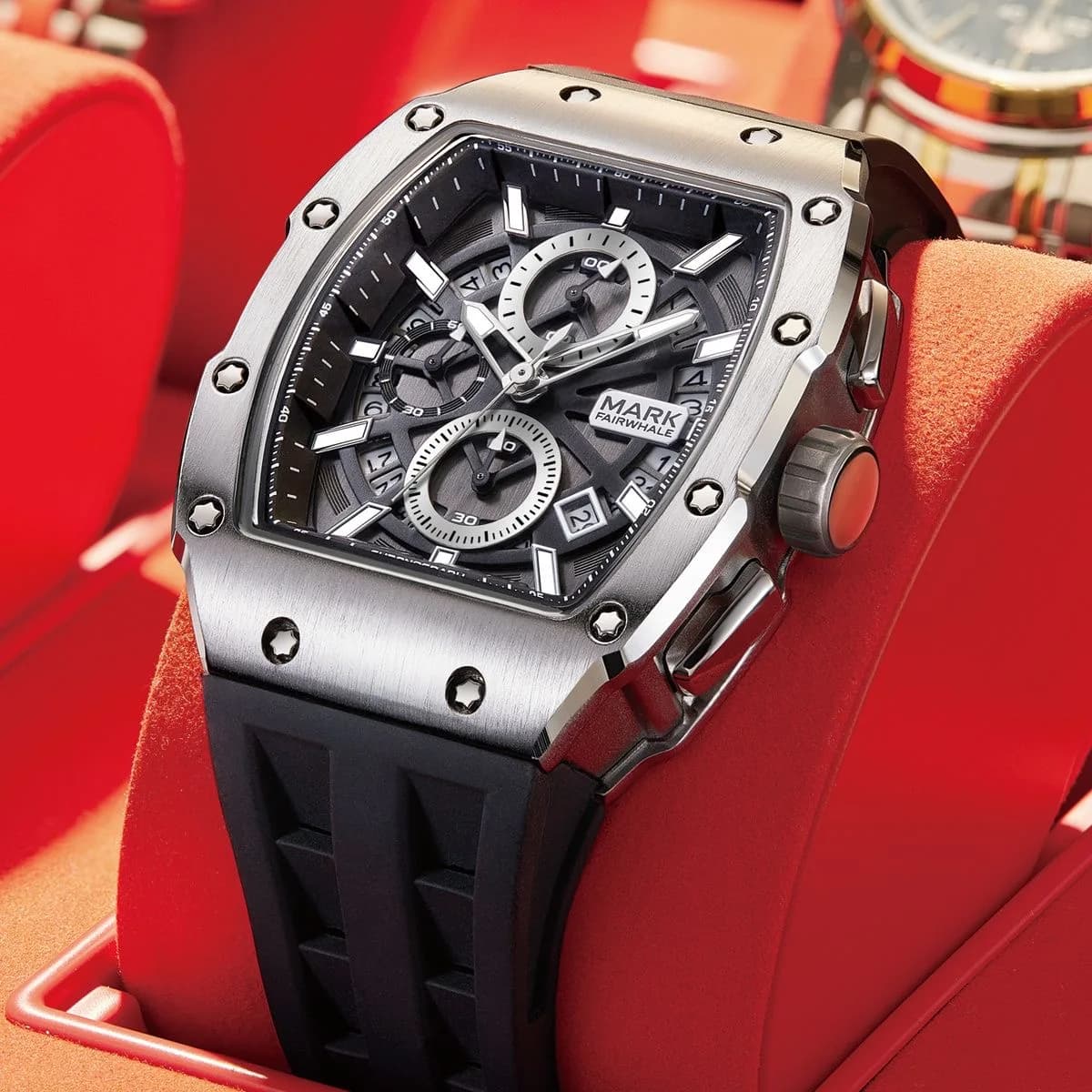New Mark Fairwhale Men's Watch Quartz Wrist Watch with Luxury Tonneau Steel Chronograph Fashion Silicone Strap Sports Watches Mille