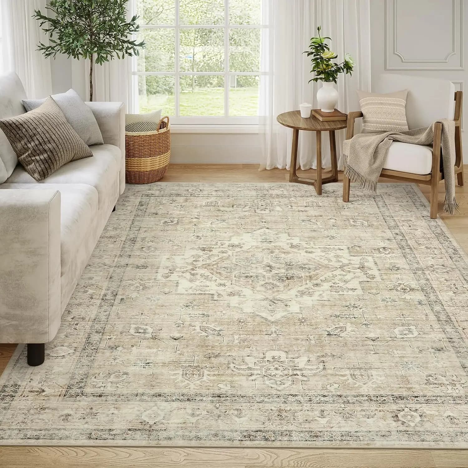 8x10 Washable Carpet for Living Room and Bedroom, Anti-slip, Boho Neutro Style, Soft to Low Pelo