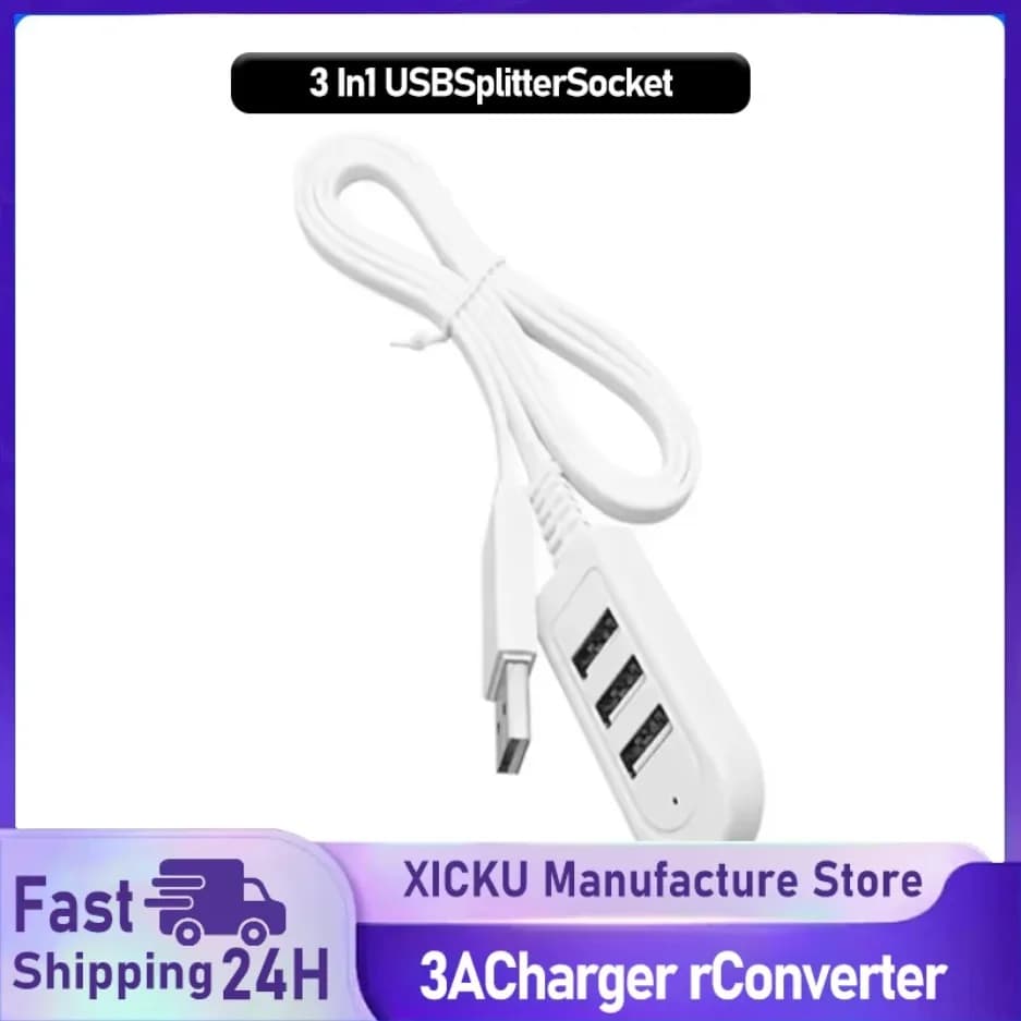 3 In 1 USB Splitter Socket Multi-function 3A Charger Converter USB Port Hub Digital Data Cables Accessories Extension Cable Line
