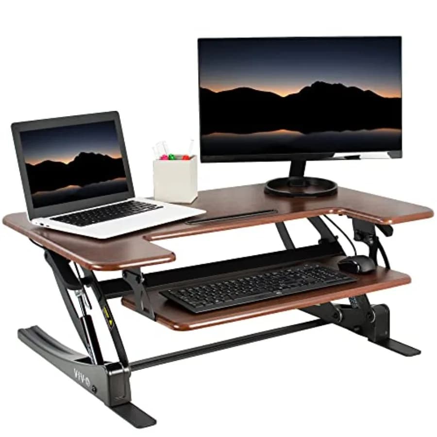 Convertitore per scrivania sit-stand regolabile in altezza, con telaio in alluminio nero, supporto rapido per doppio monitor, per postazione di lavoro con piano da 36 pollici