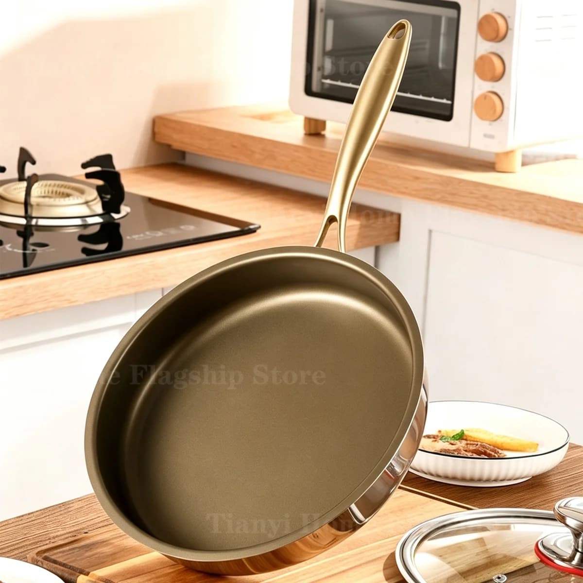Titanium Stainless Steel Frying Pan Non-stick Wok Home Egg Steak Skillet Induction Cooker Gas Stove Cooking Pot Kitchen Cookware
