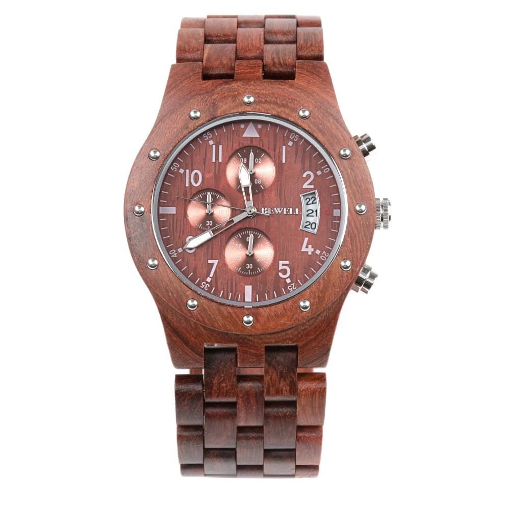 Sub-dials Wooden Watch Quartz Analog Movement Date Wristwatch for Men