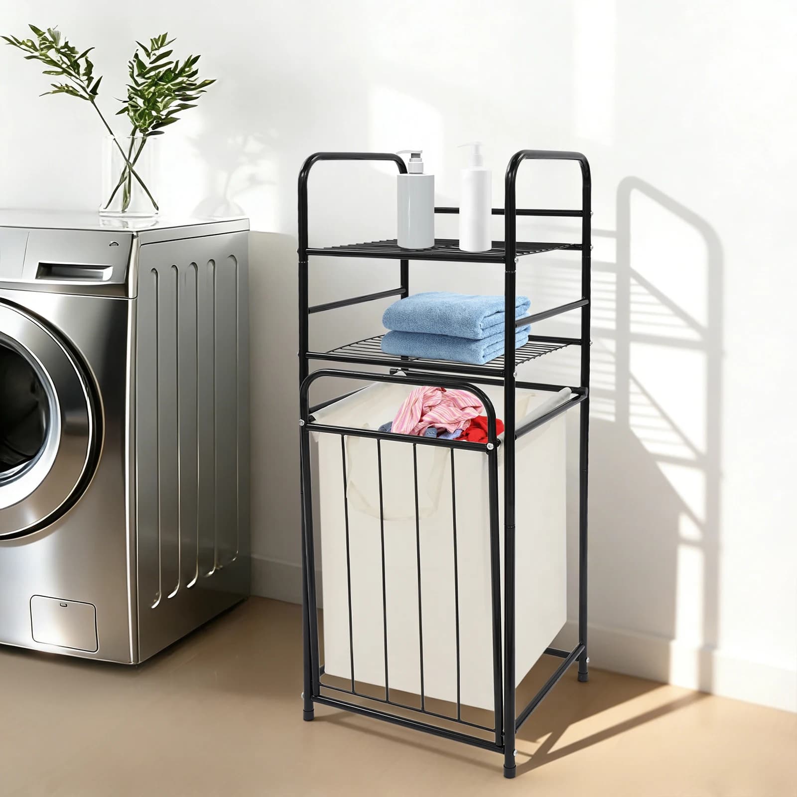 Cesto Portabiancheria Ribaltabile con Ripiani, Cesto per Bucato con Sacchetto Rimovibile, Scaffale di Stoccaggio a 2 Livelli per Bagno e Lavanderia