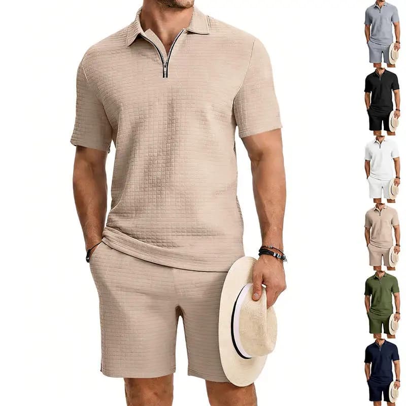 Completo Estivo da Uomo: Camicia Casual con Colletto a Zip e Pantaloncini Leggeri e Traspiranti, Stile Giovanile alla Moda