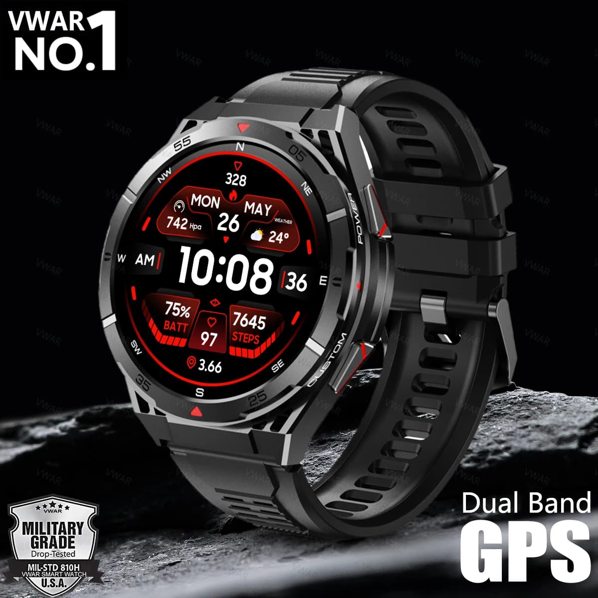 VWAR Smart Watch GPS Sport Compass Altitude Air Pressure BlueTooth Call 3ATM Waterproof Health Screen AMOLED Smartwatch 480Mah