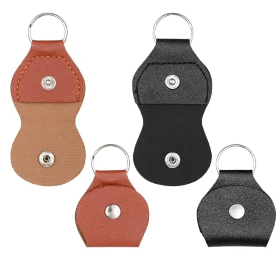 Guitar Pick Holder Keychain for Musicians: 4 pcs Storage Case Bag, Black and Brown Leatherette, Compact Portable Pick Organizer