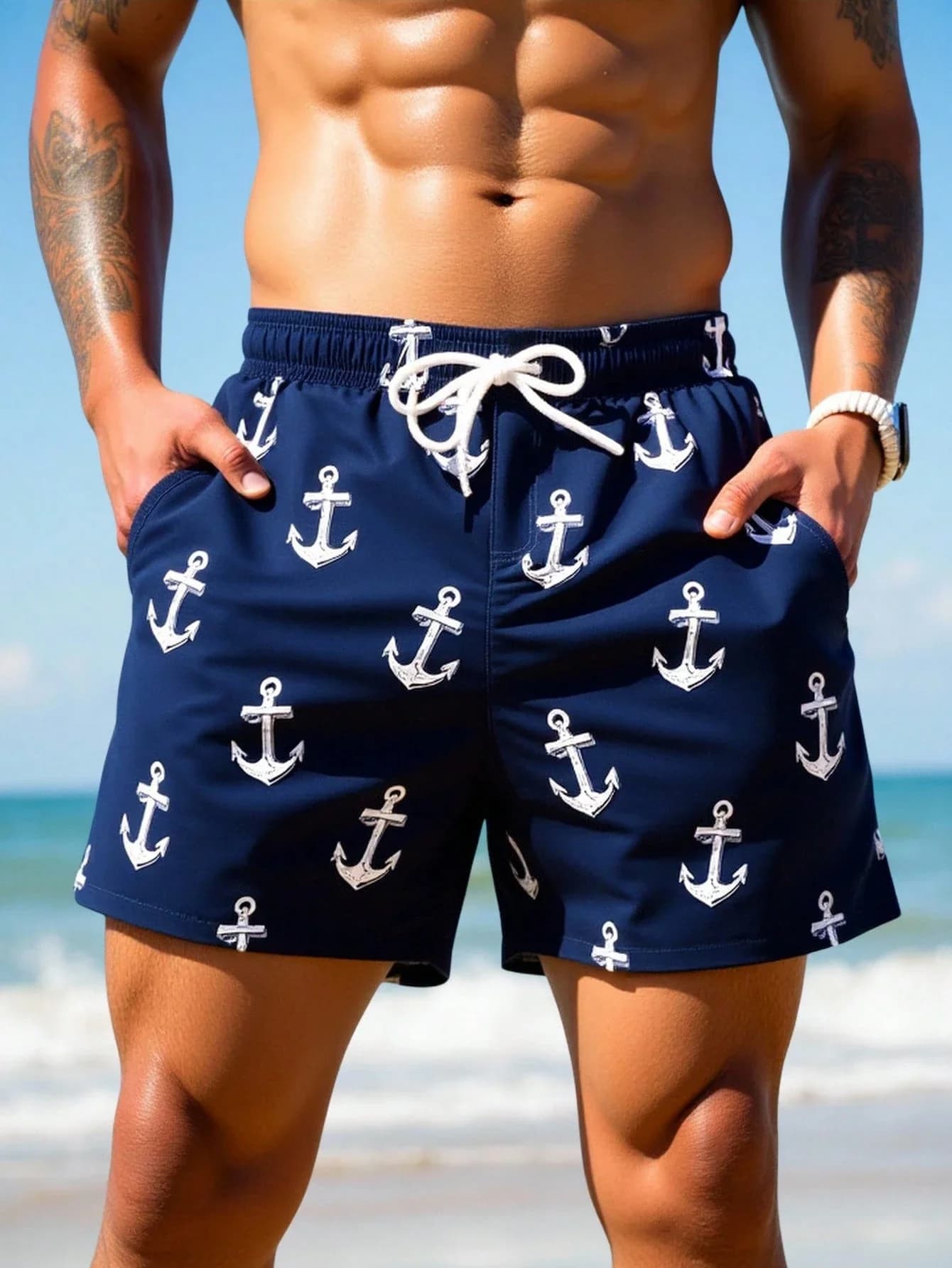 Pantaloncini da spiaggia da uomo con stampa ancora e coulisse in vita