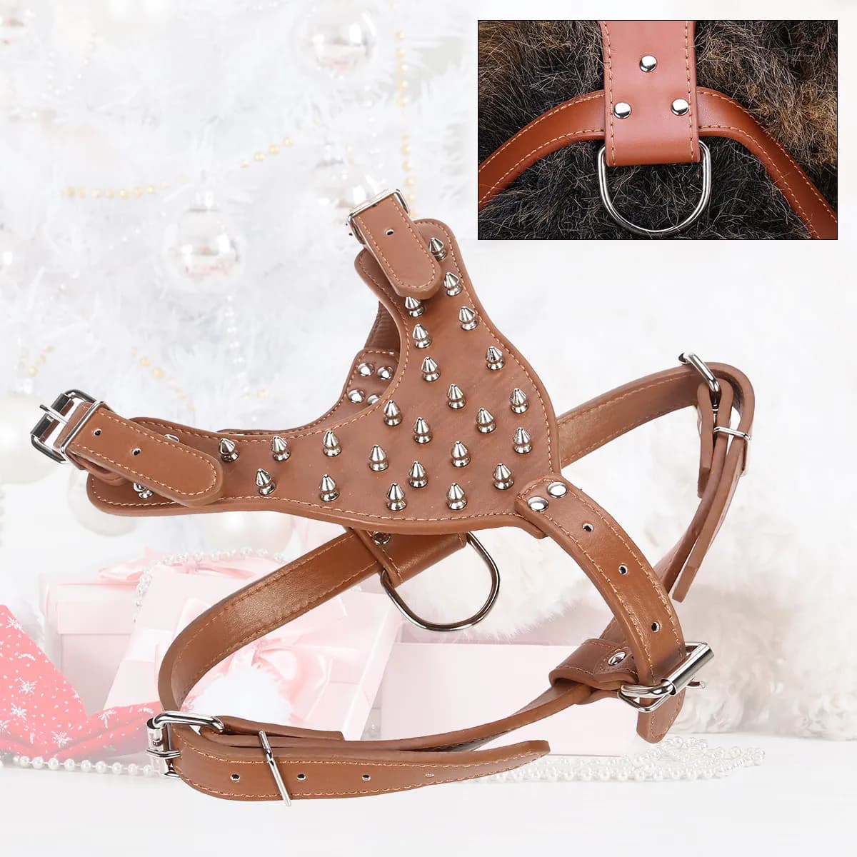 Pettorina per Cani in PU con Borchie Marrone, Adatta per Petto 65-85cm e Collo 42-65cm, Sicura e Comoda per Pitbull Terrier e Corsa