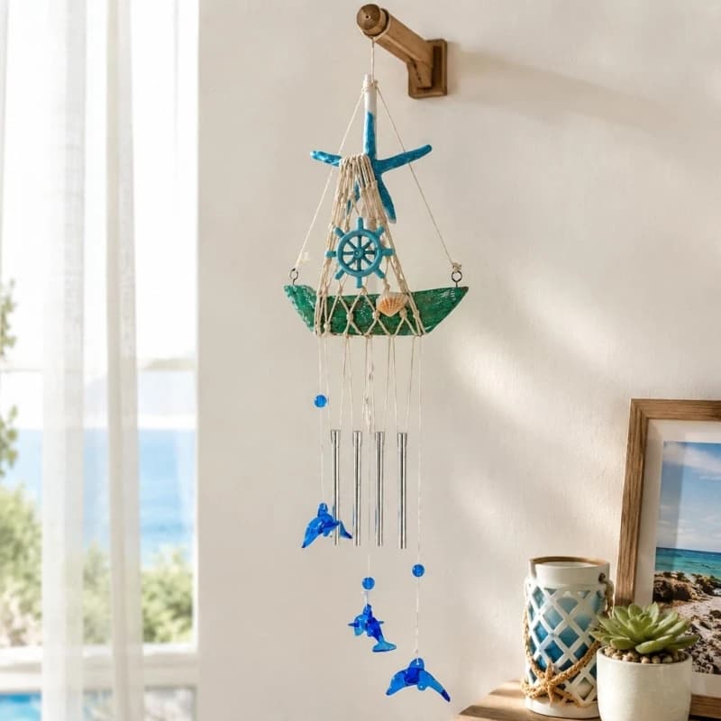 92MF Rope Net Sailboats Chimes with Metal Tubes and Marine Features for Entryway, Doorway or Living Room Hanging Display
