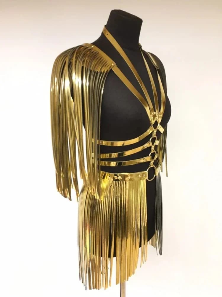 Cosplay2025 Fashion Ladies Gold Harajuku Style Tassel Shoulder Strap With Shawl Nghtclub Stage Performance Costume Accessories N